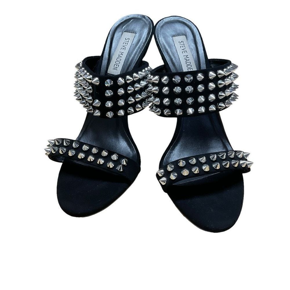 Steve Madden Radar Heels Sandals Black Silver Toned Studded Bands 4.5” Heels 8.5